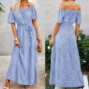 Floral off shoulder ruffle maxi dress BLUE
